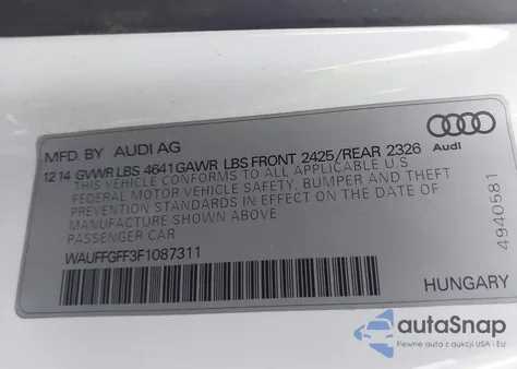 2015 Audi S3 2.0T Premium Plus z USA, uszkodzony, nr VIN WAUFFGFF3F1087311